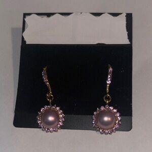 Boutique Elegant Gold Dusty Rose Mauve Crystal Rhinestone Dangling Earrings New